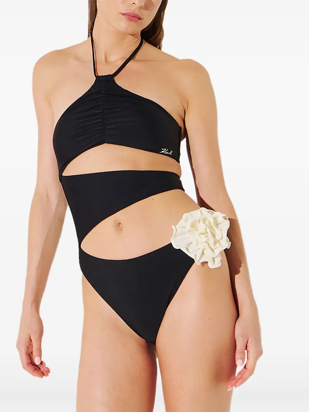 Karl Lagerfeld Black Trikini With White Flower Detail