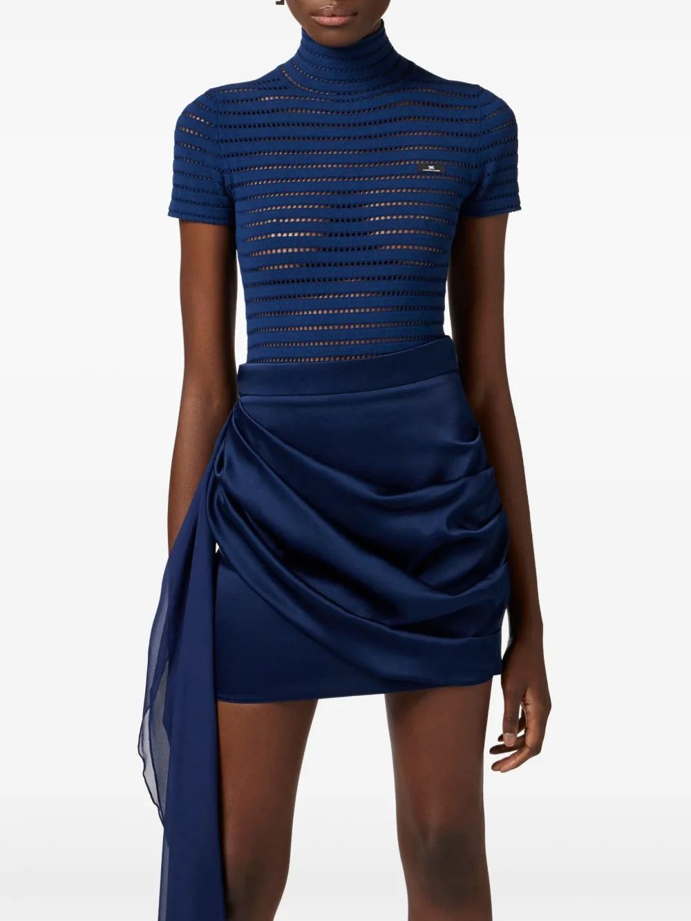 Elisabetta Franchi Navy Knit High Neck Bodysuit
