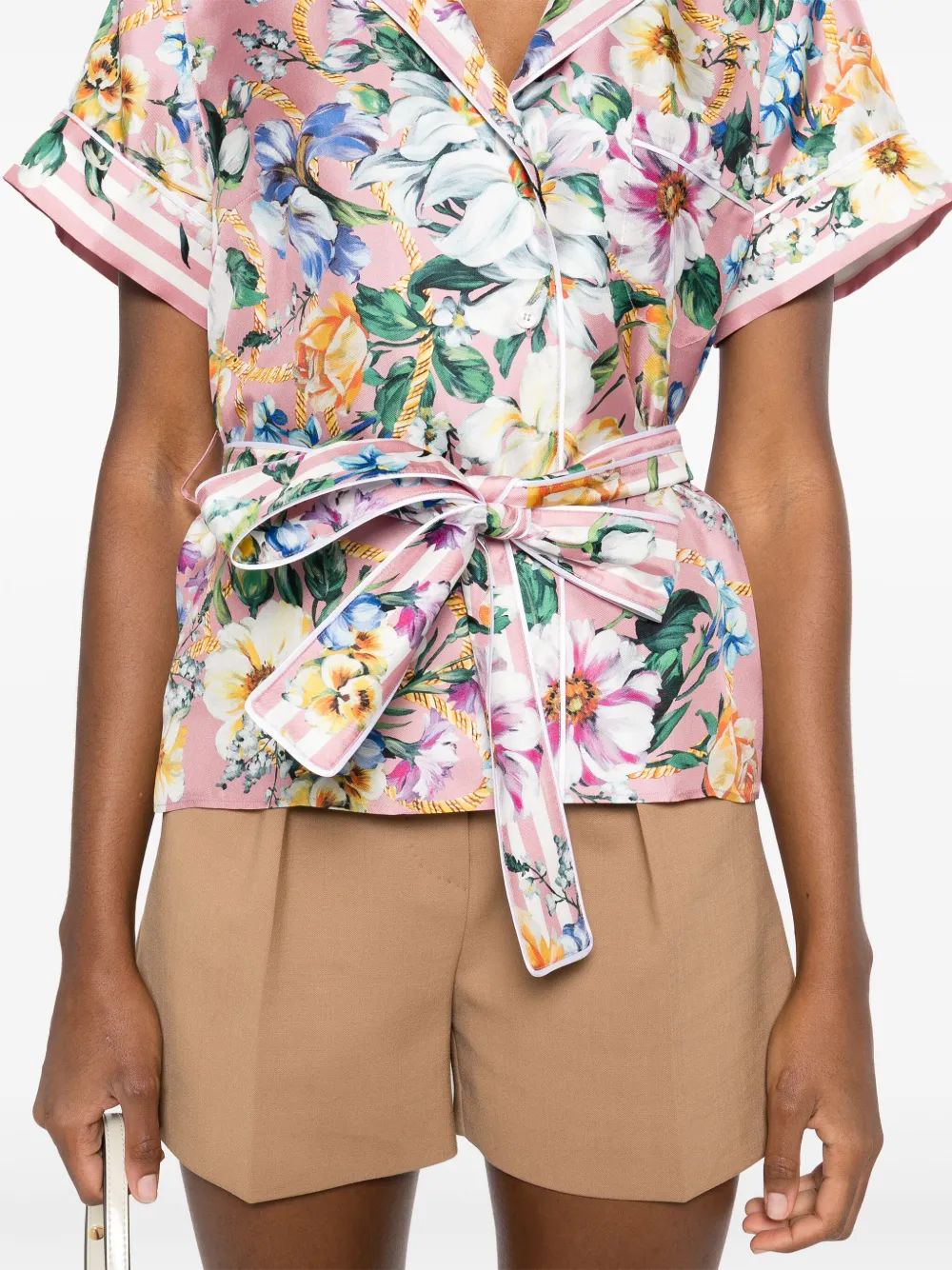 Dolce & Gabbana Pink Mc Shirt With Flower Print And Belt