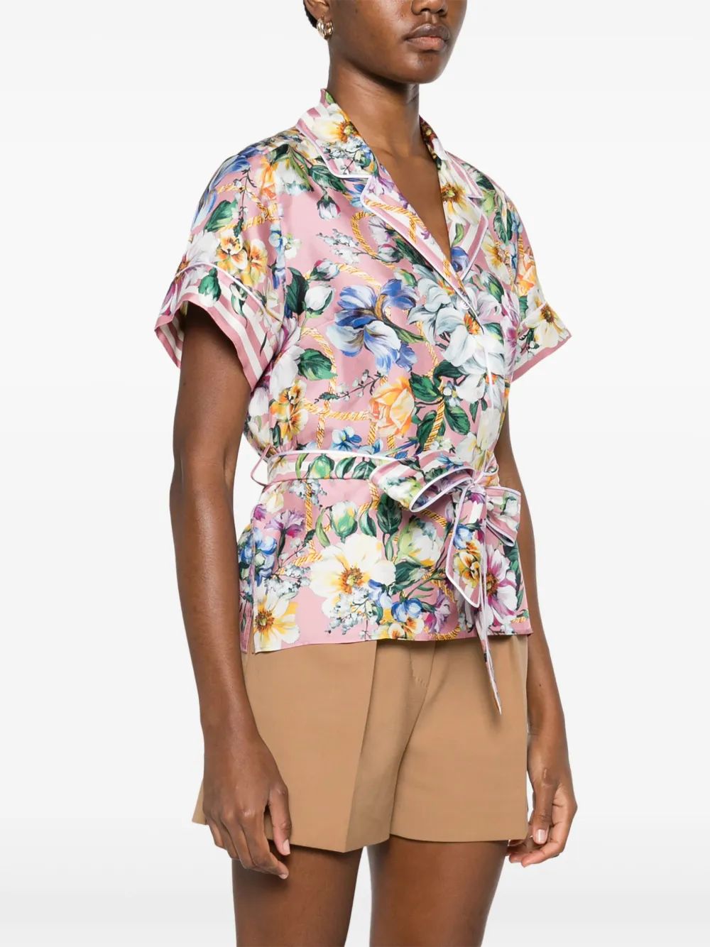 Dolce & Gabbana Pink Mc Shirt With Flower Print And Belt