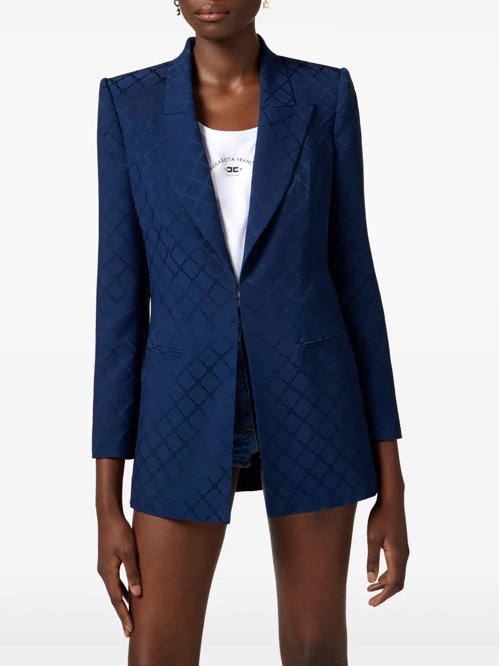 Elisabetta Franchi Navy Checked Blazer With Shoulder Pads