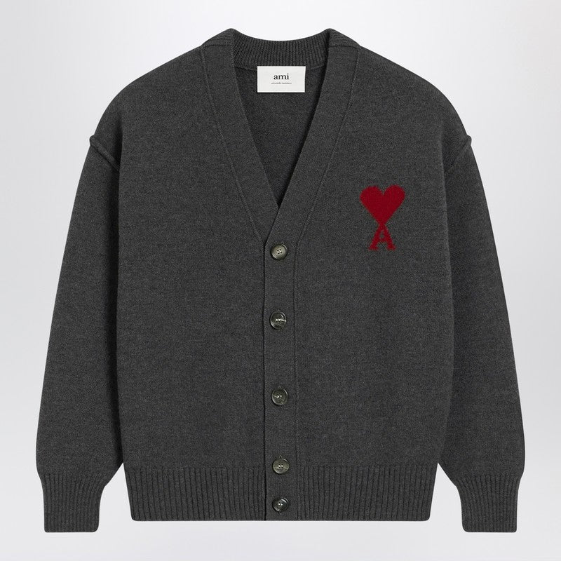Ami Paris Ami De Coeur Heather Grey Wool Cardigan