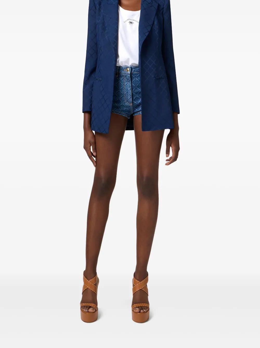 Elisabetta Franchi Navy Checked Blazer With Shoulder Pads