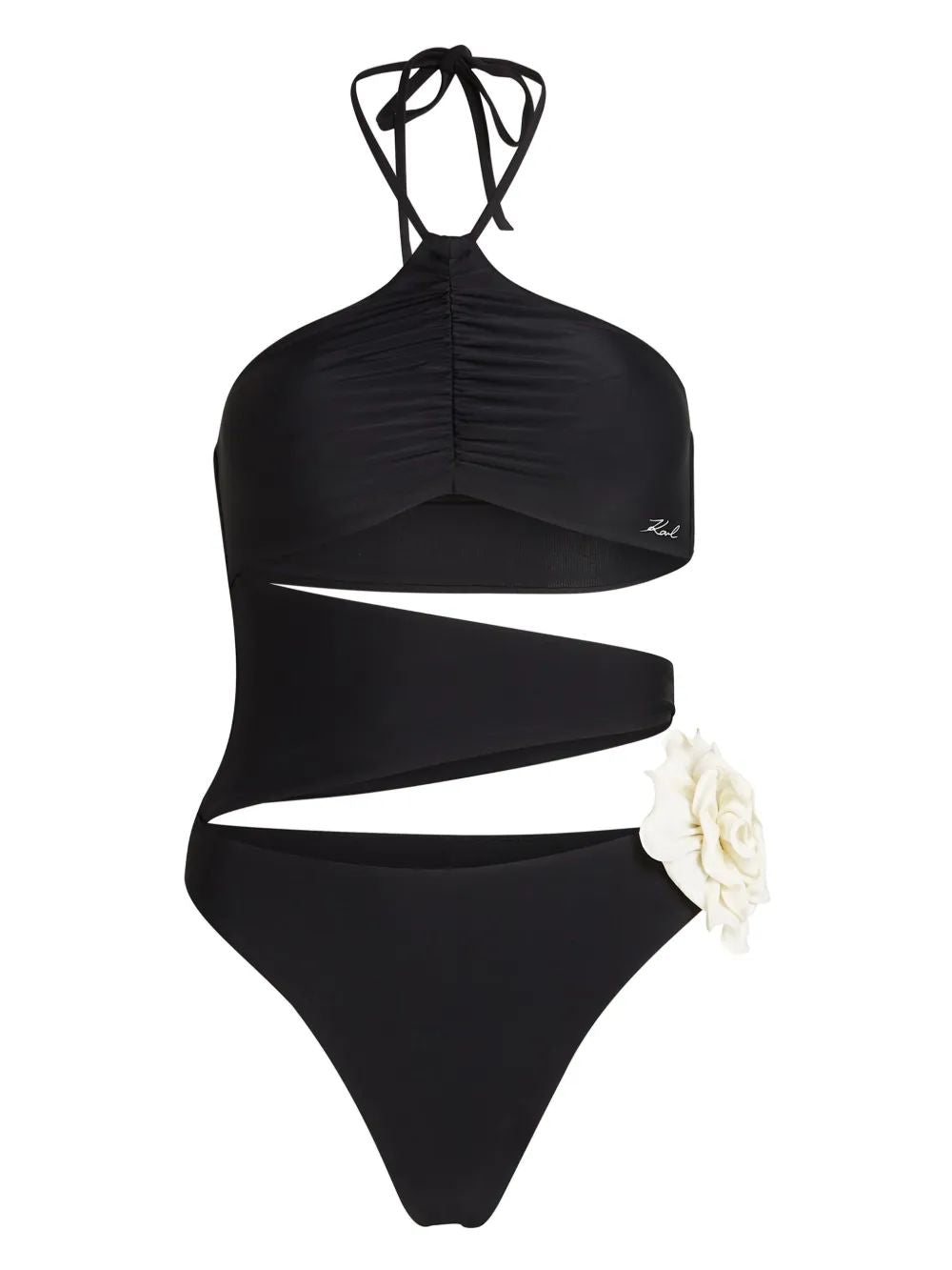 Karl Lagerfeld Black Trikini With White Flower Detail