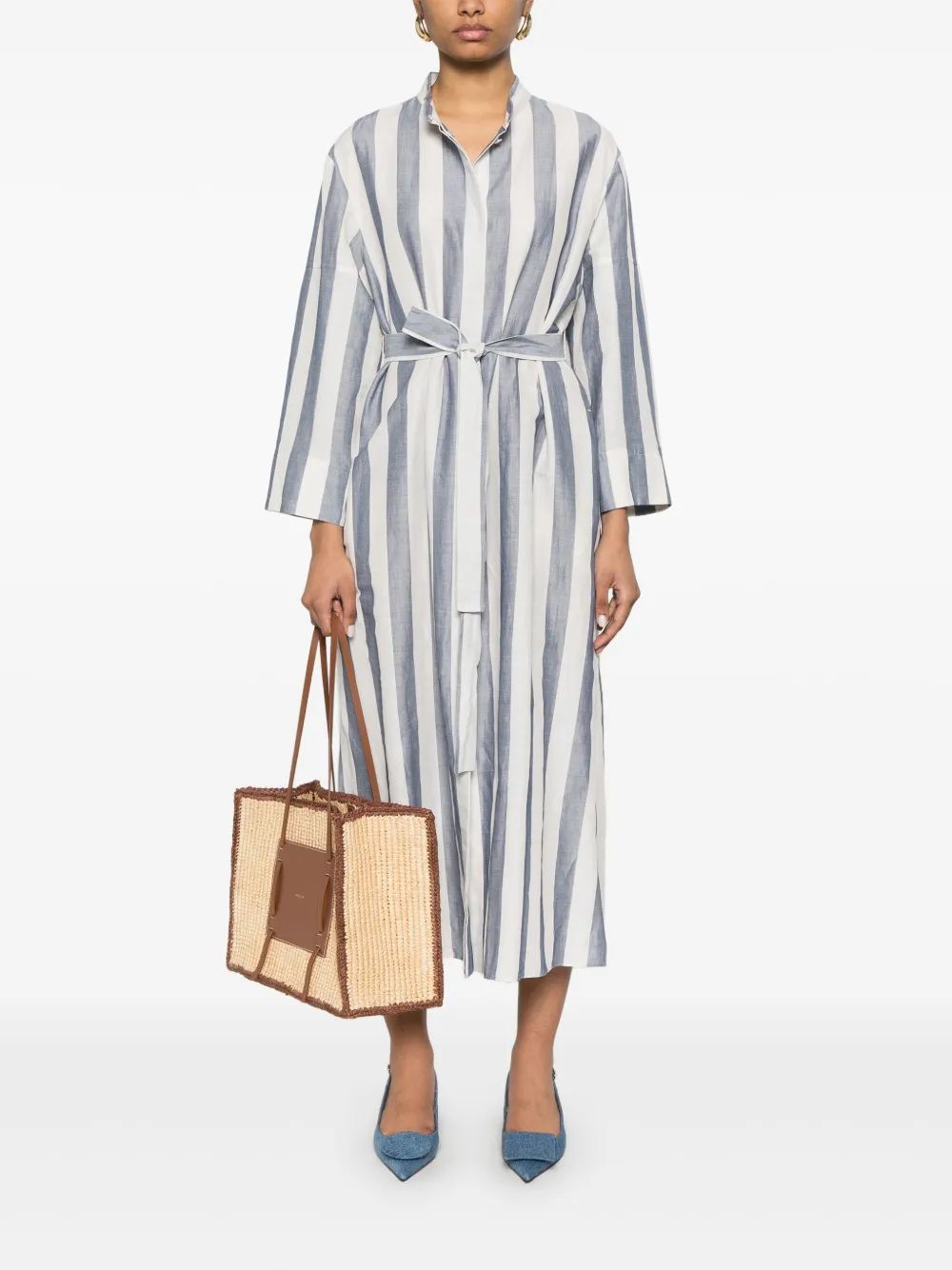 S Max Mara Vestido Camisero Rima Lino Azul Blanco R
