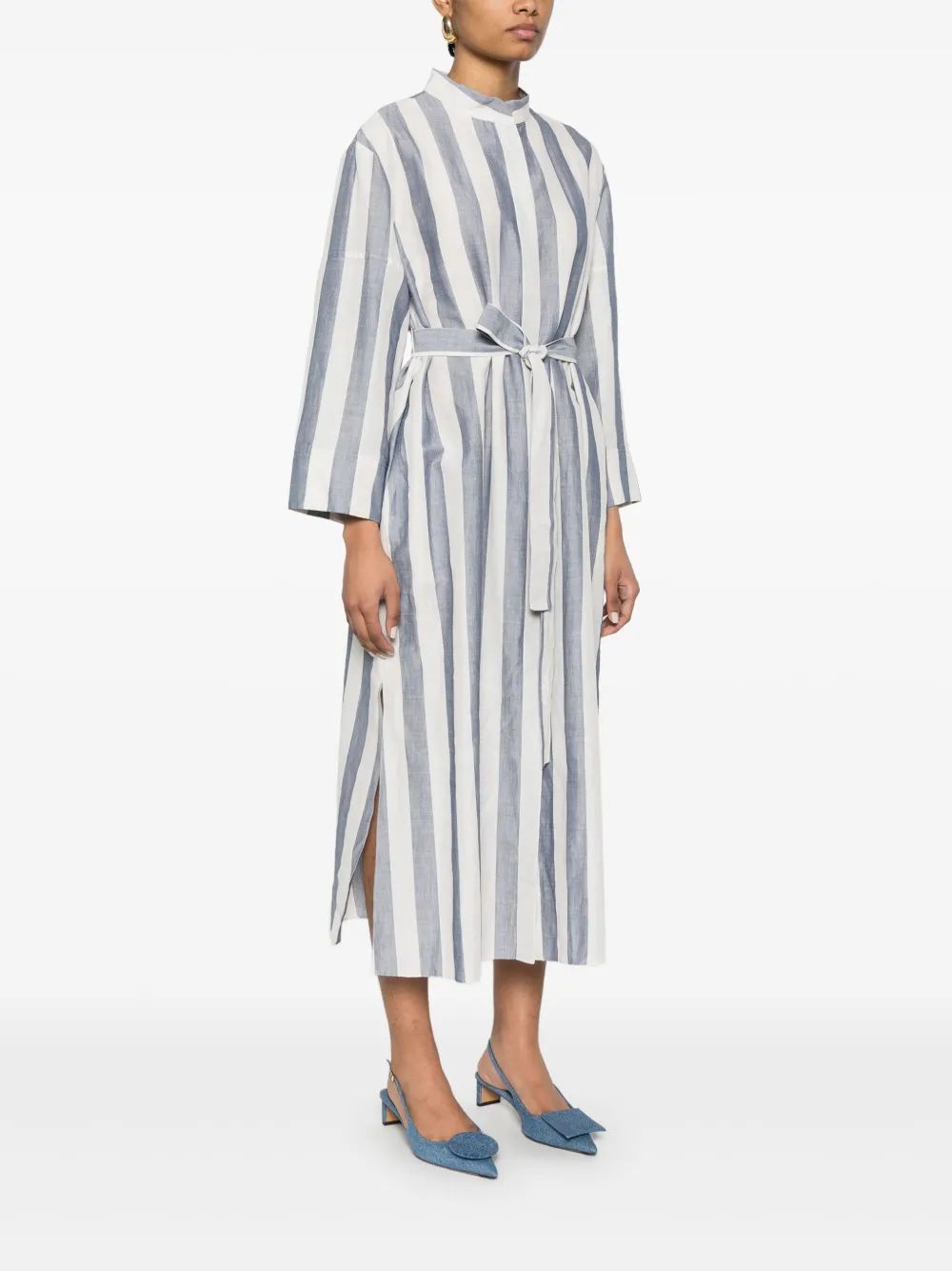 S Max Mara Vestido Camisero Rima Lino Azul Blanco R