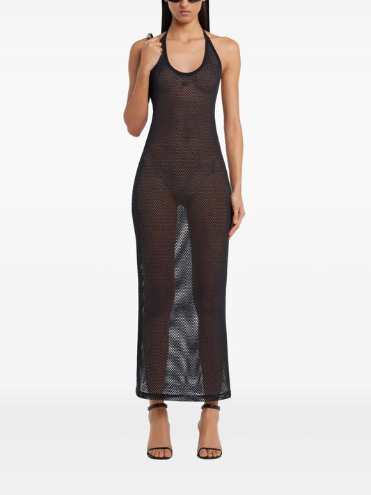Courregès Long Black Mesh Dress With A Tied Neck