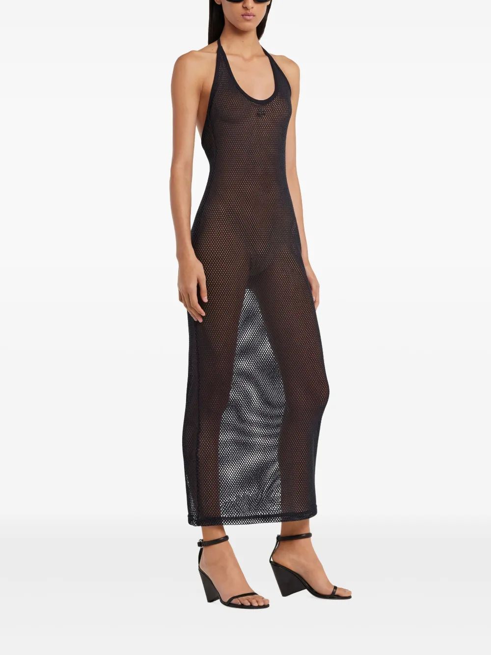 Courregès Long Black Mesh Dress With A Tied Neck