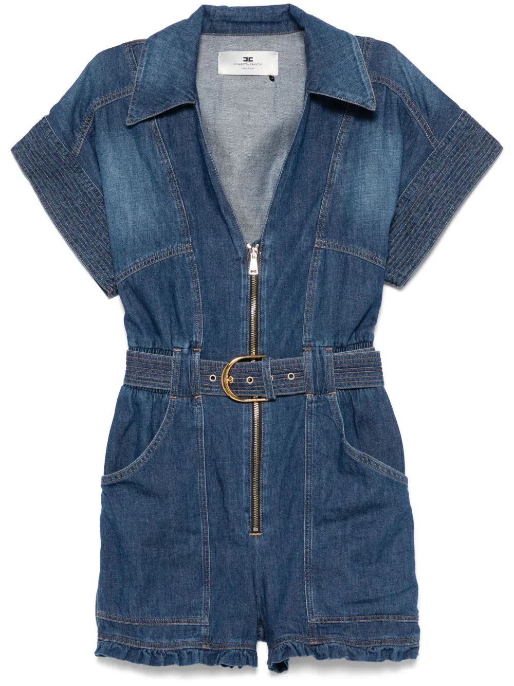 Elisabetta Franchi Mc Denim Short Jumpsuit With Belt Detail