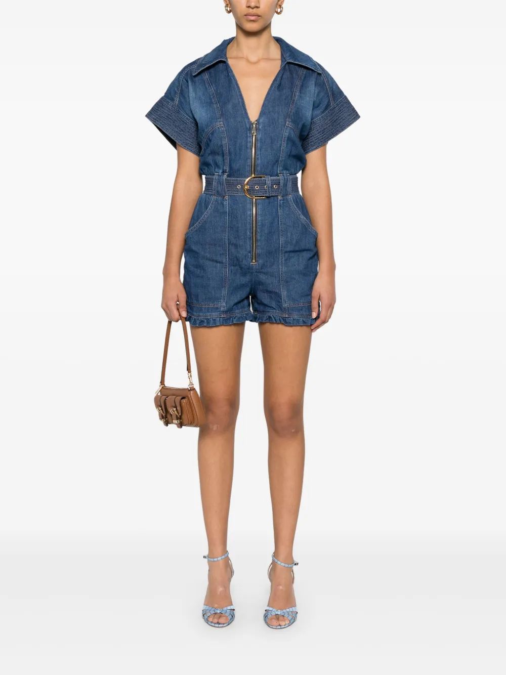 Elisabetta Franchi Mc Denim Short Jumpsuit With Belt Detail