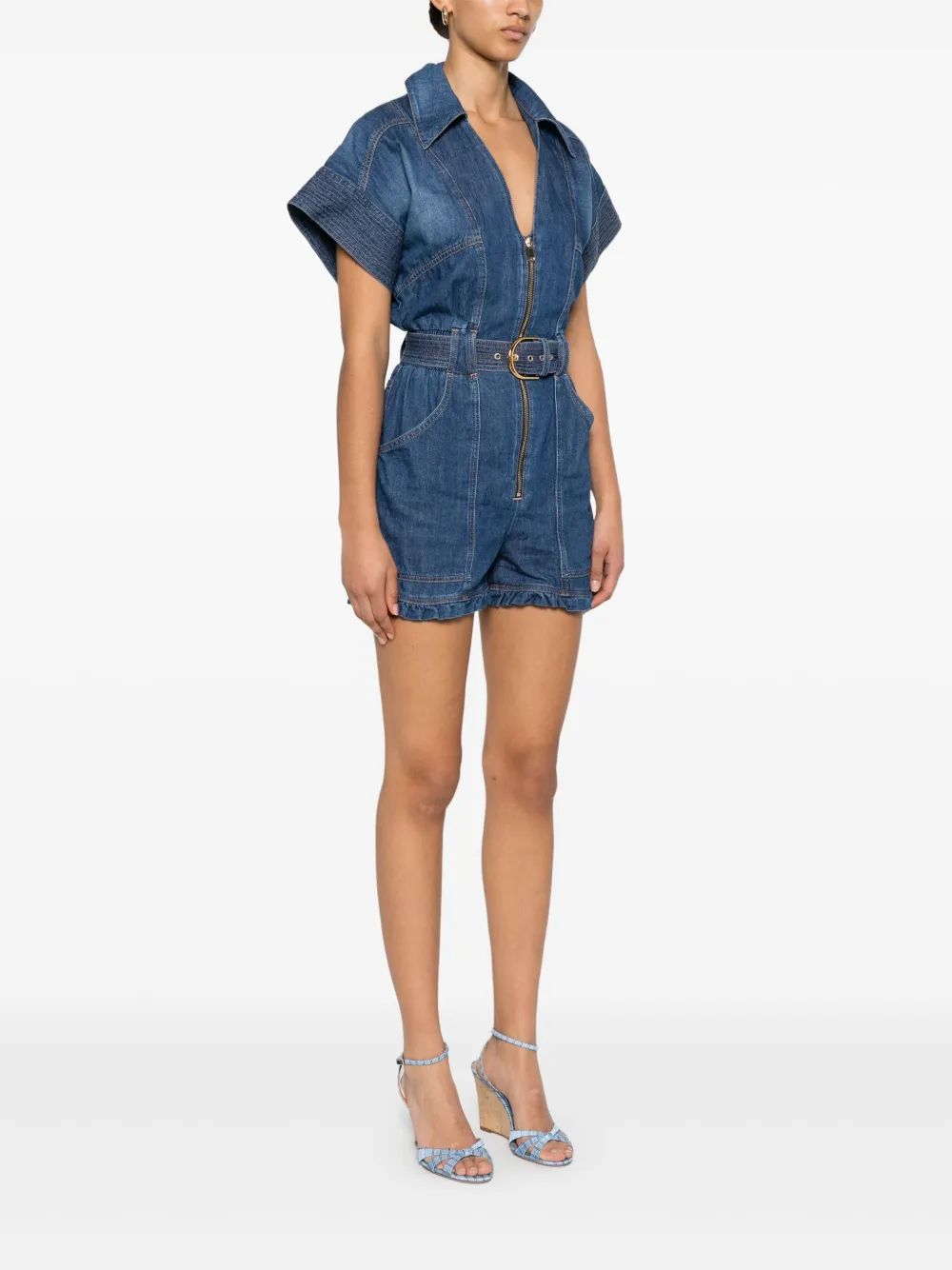 Elisabetta Franchi Mc Denim Short Jumpsuit With Belt Detail
