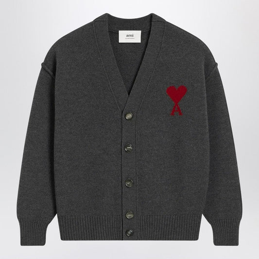 Ami Paris Ami De Coeur Heather Grey Wool Cardigan